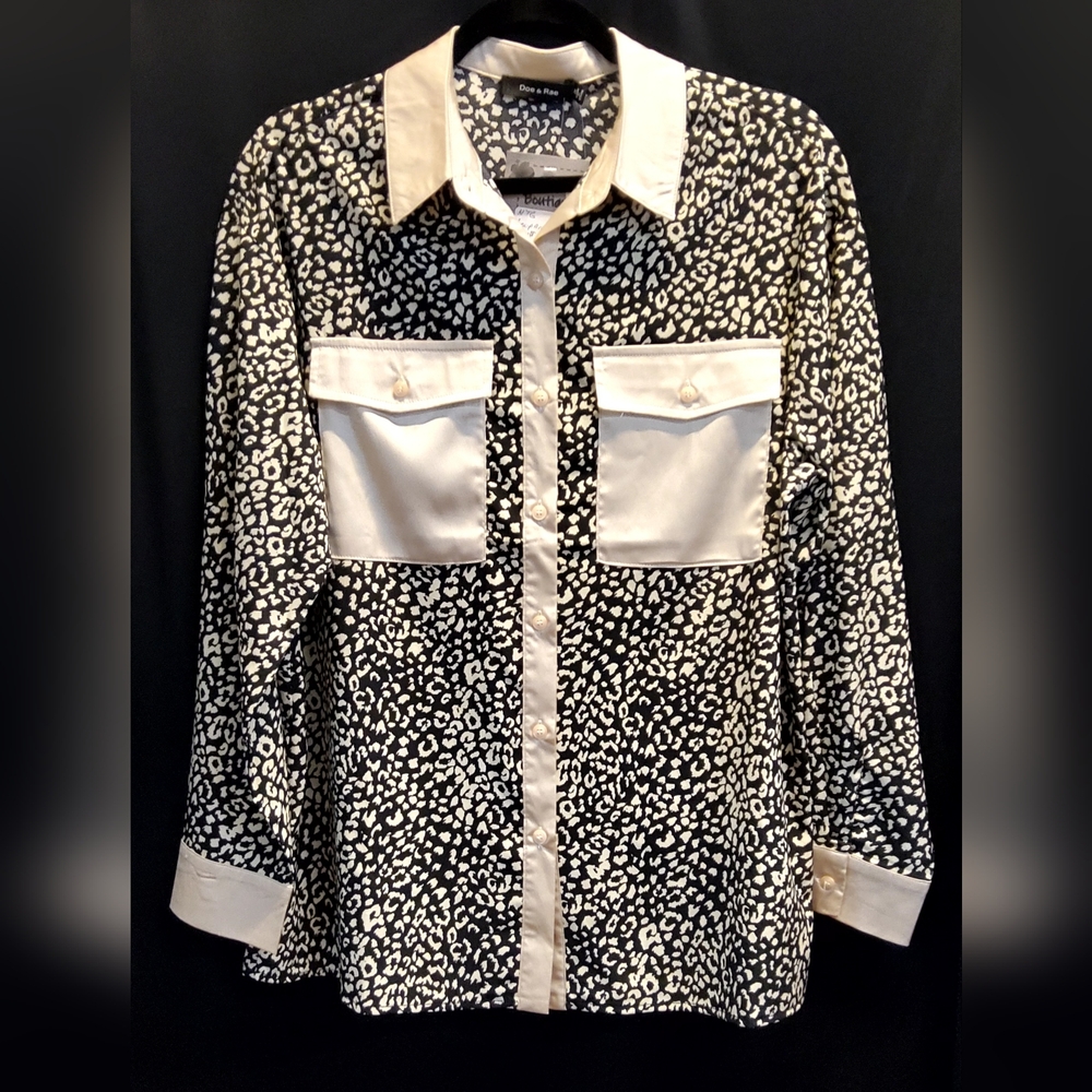 Doe Rae blk/cream animal print, l/s, collared ladies button down blouse